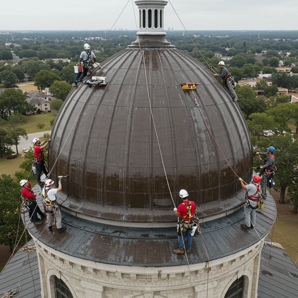 groupe of people cleaning a tall dome building in Louisiana